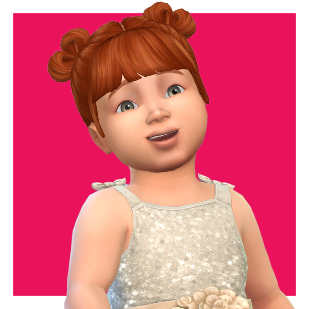 Un bambin dans Les Sims 4 sur un fond rose. Ce bambin a une expression amusante sur son visage et porte une robe de soirée pailletée. Ses cheveux sont en deux chignons avec des franges.