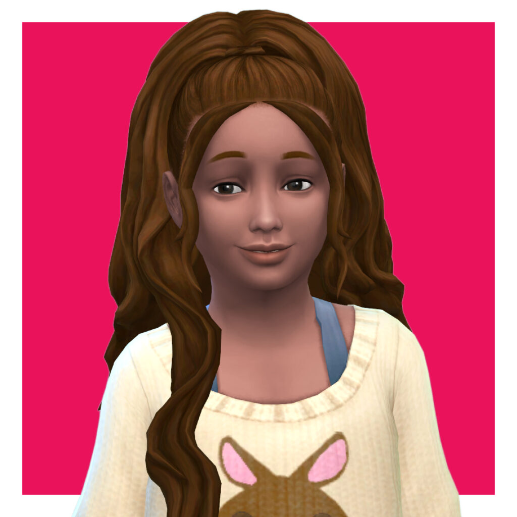 Un enfant dans Les Sims 4 sur un fond rose. Ils ont les cheveux attachés en une queue de cheval haute et ont beaucoup de cheveux. Ils portent un débardeur avec une robe pull par-dessus.
