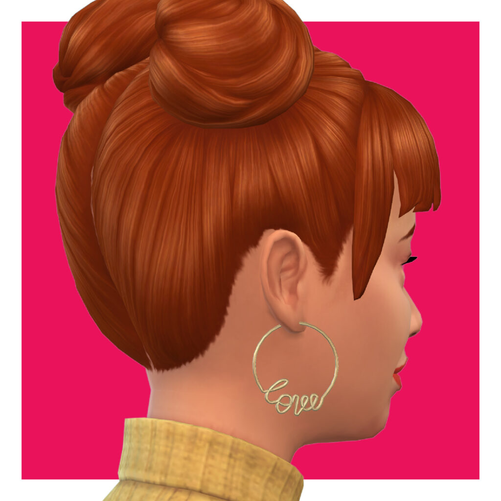 L'arrière de la tête d'un sim où vous pouvez voir sa boucle d'oreille avec le mot amour.