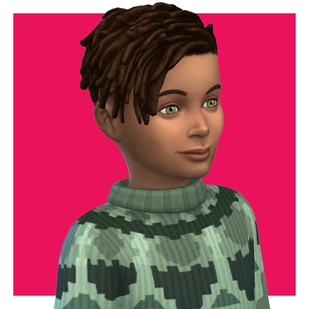 Un enfant dans Les Sims 4 sur un fond rose. Ce sim porte un pull en tricot avec un col montant, il a une coiffure avec des dreadlocks.