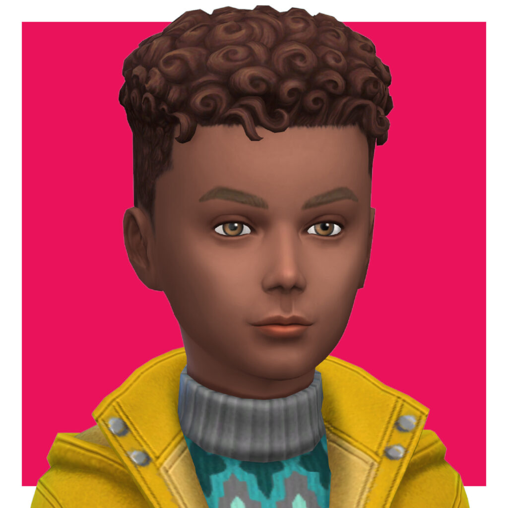 Un enfant dans Les Sims 4 sur un fond rose. Ce sim a des cheveux bouclés naturels et porte un pull en tricot avec une veste jaune par-dessus.