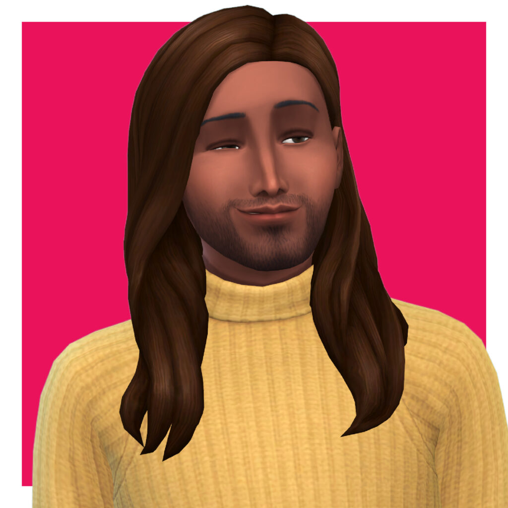 Un sim portant un pull à col roulé jaune vif. Ce personnage des Sims 4 a les cheveux bruns longs et est caché derrière une oreille, en clin d'œil.