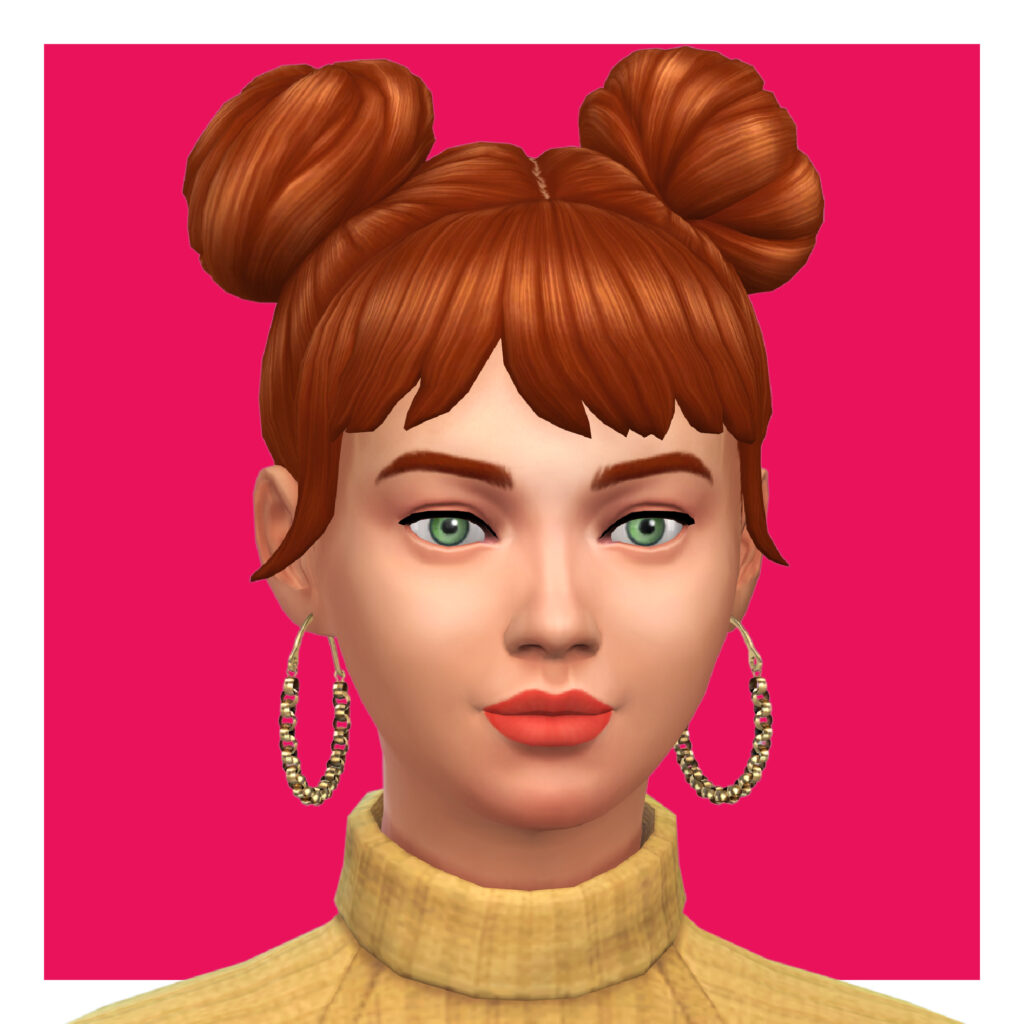 Un Sim avec des cheveux roux en chignons spatiaux et une frange. Ils ont les yeux verts et portent un pull jaune, et leurs boucles d'oreilles ressemblent à une multitude de petites chaînes assemblées.