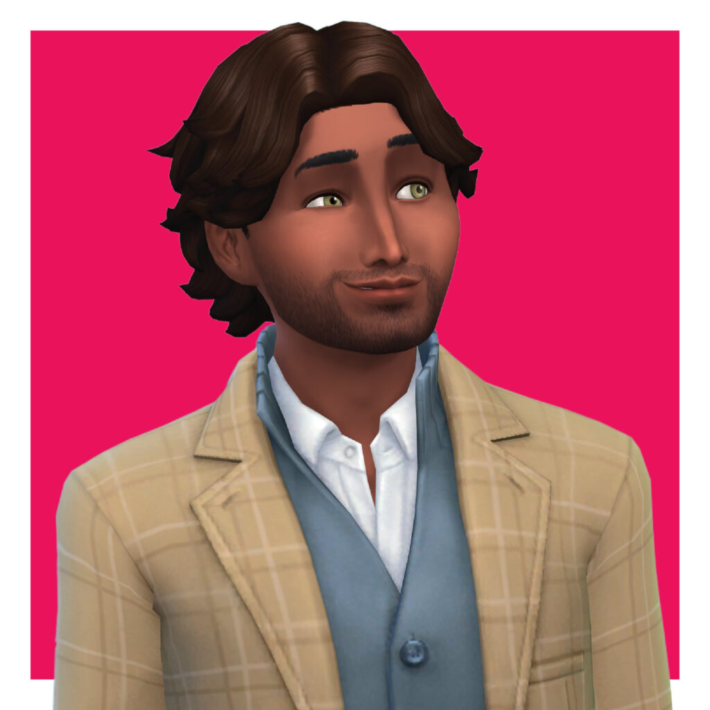 Un personnage masculin de Les Sims 4 portant une chemise boutonnée avec un gilet et une veste à carreaux, ses cheveux personnalisés sont courts