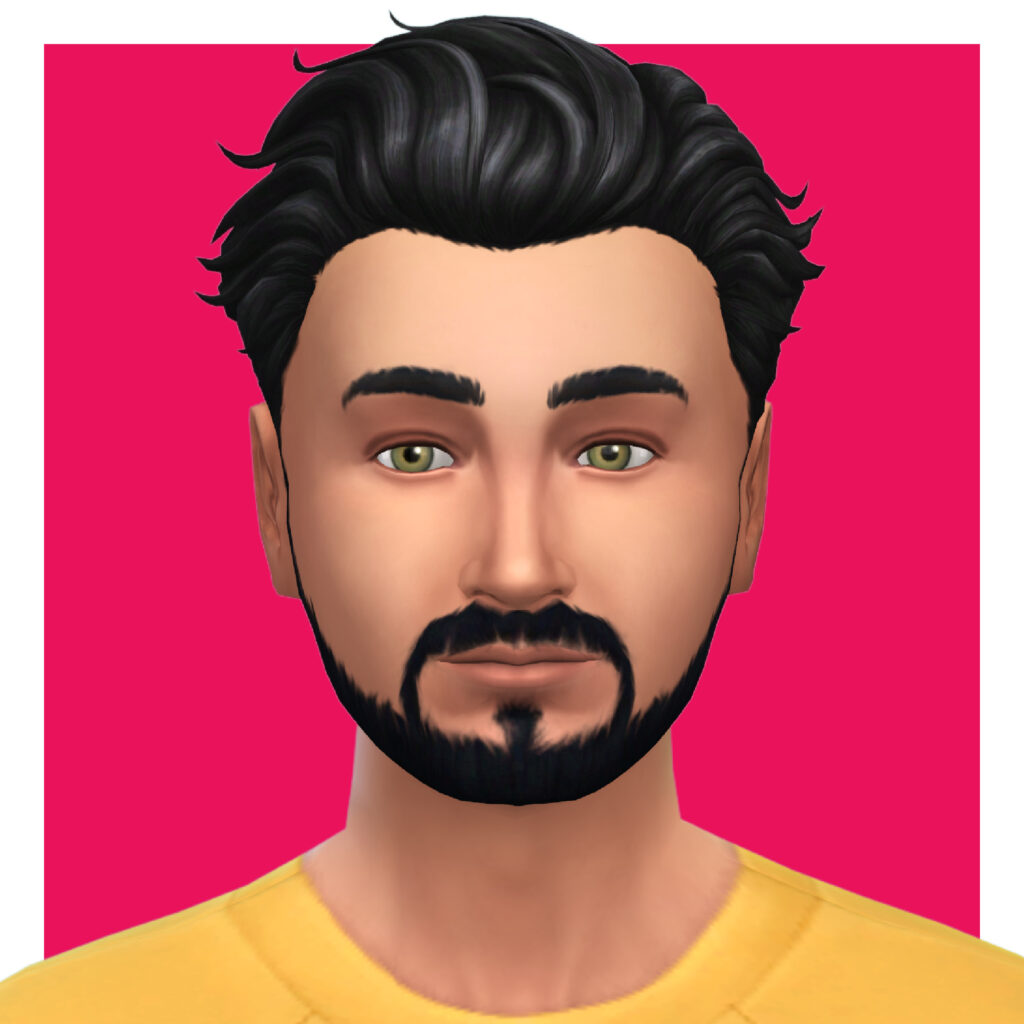 Un sim avec des cheveux noirs et une barbe noire qui porte une chemise jaune.