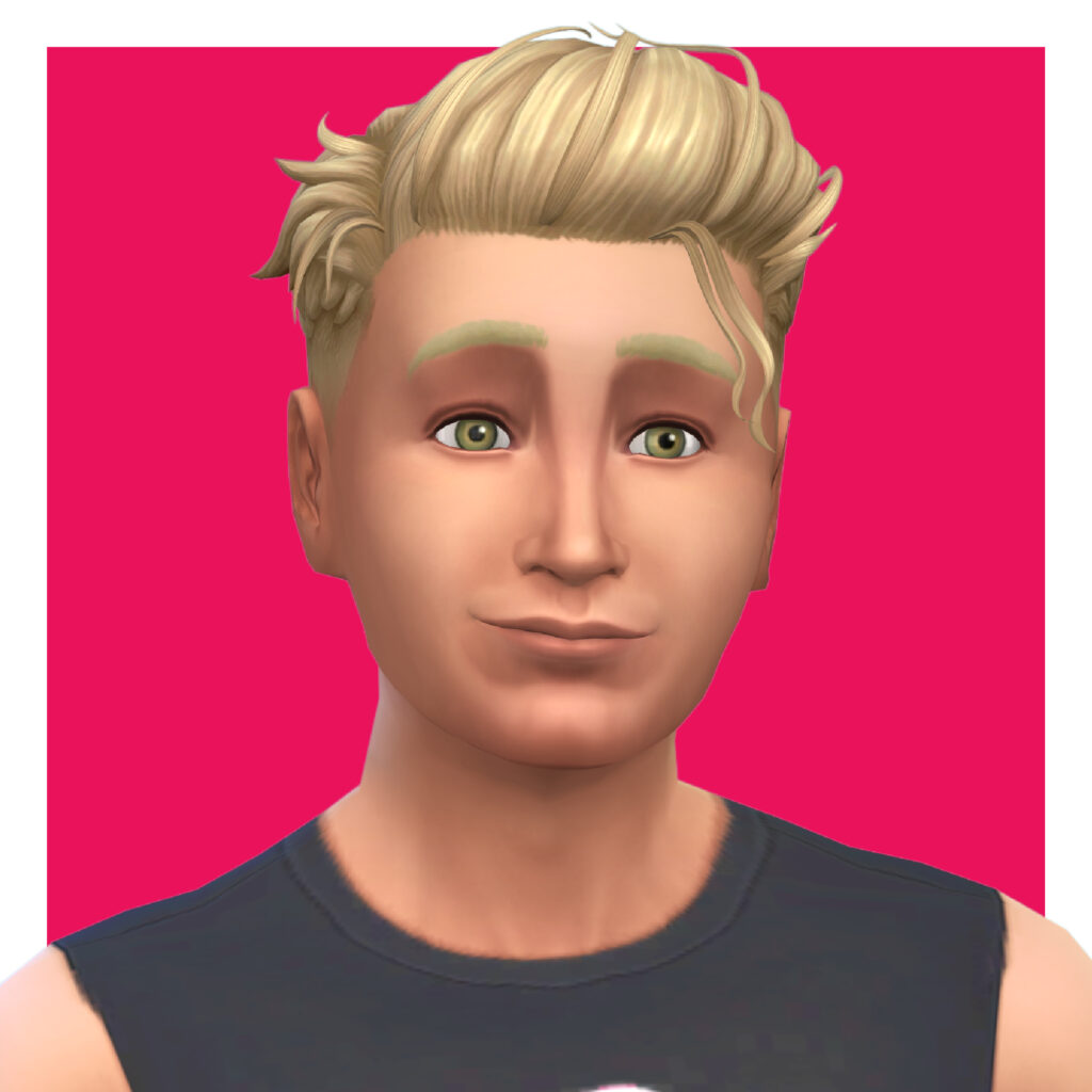 Un sim aux cheveux blonds portant un débardeur gris foncé.