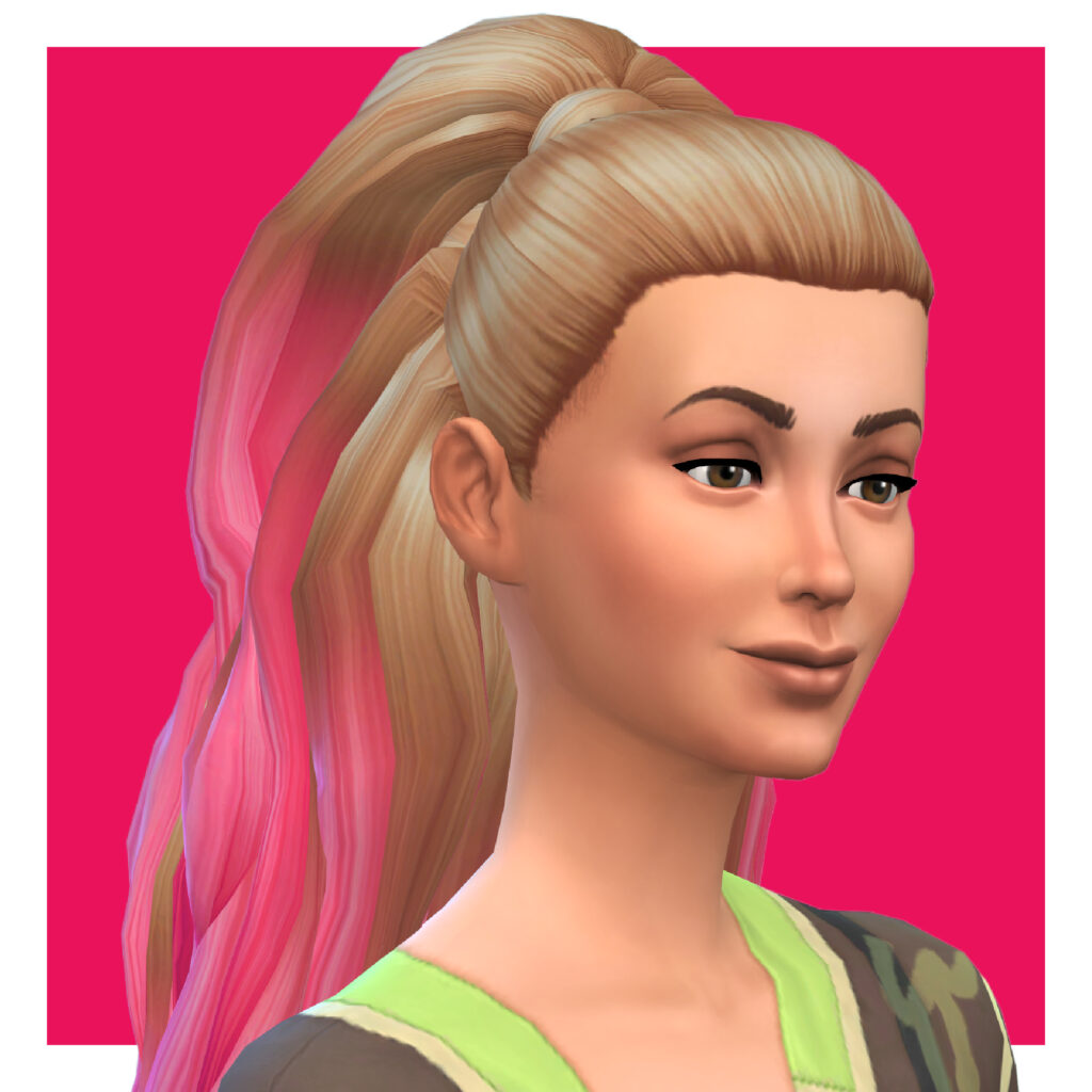 Un personnage féminin de Les Sims 4 sur un fond rose vif. Ce sim porte un haut vert et a les cheveux attachés en demi-queue de cheval haute, avec des cheveux blonds dégradés en rose.