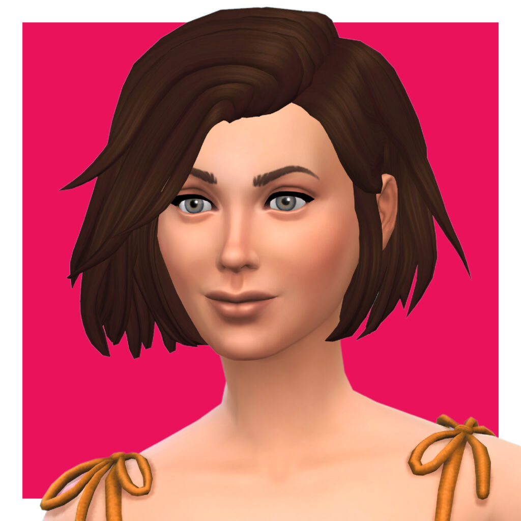 Un personnage féminin des Sims 4 sur un fond rose vif. Ce sim porte un débardeur jaune moutarde avec des nœuds attachés en haut et a des cheveux personnalisés qui sont légèrement plus longs que les oreilles.