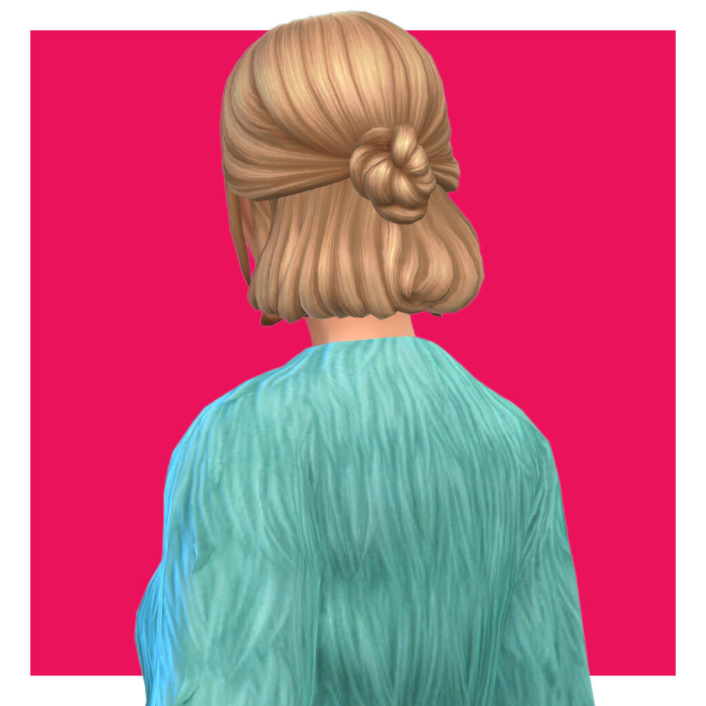Un personnage féminin des Sims 4 sur un fond rose vif. Ce Sim fait face à l'arrière et porte une veste bleue vif avec des plumes. Ses cheveux blonds, qui descendent juste en dessous des oreilles, sont attachés en un chignon.