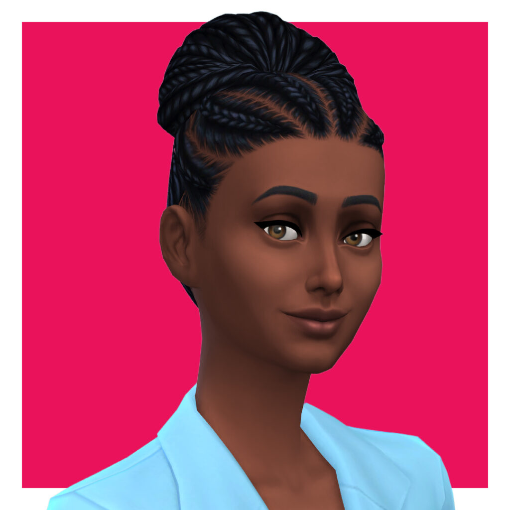 Un personnage féminin des Sims 4 sur un fond rose vif. Cette sim porte une veste de costume bleu vif en tant que chemise. Leurs cheveux personnalisés sont attachés en un chignon avec des tresses ramenant les cheveux vers le chignon depuis l'avant.