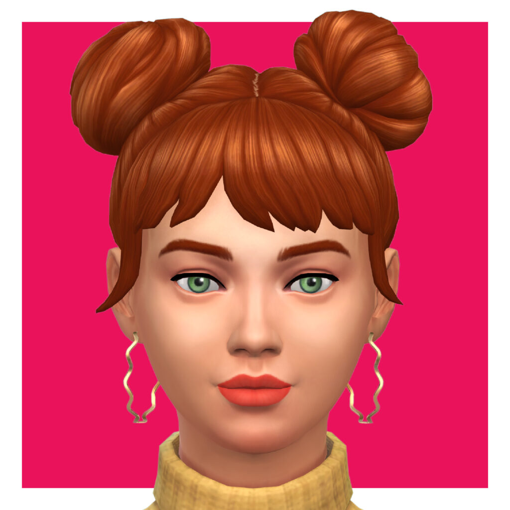 Un personnage de Les Sims 4 portant une paire de boucles d'oreilles CC en forme d'anneau ondulé au lieu d'être un cercle parfaitement droit.