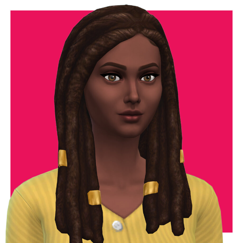 Un personnage féminin des Sims 4 sur un fond rose vif. Ce sim porte un t-shirt jaune vif et a les yeux bruns. Ses cheveux cc sont en locks avec de petits bracelets dorés autour.