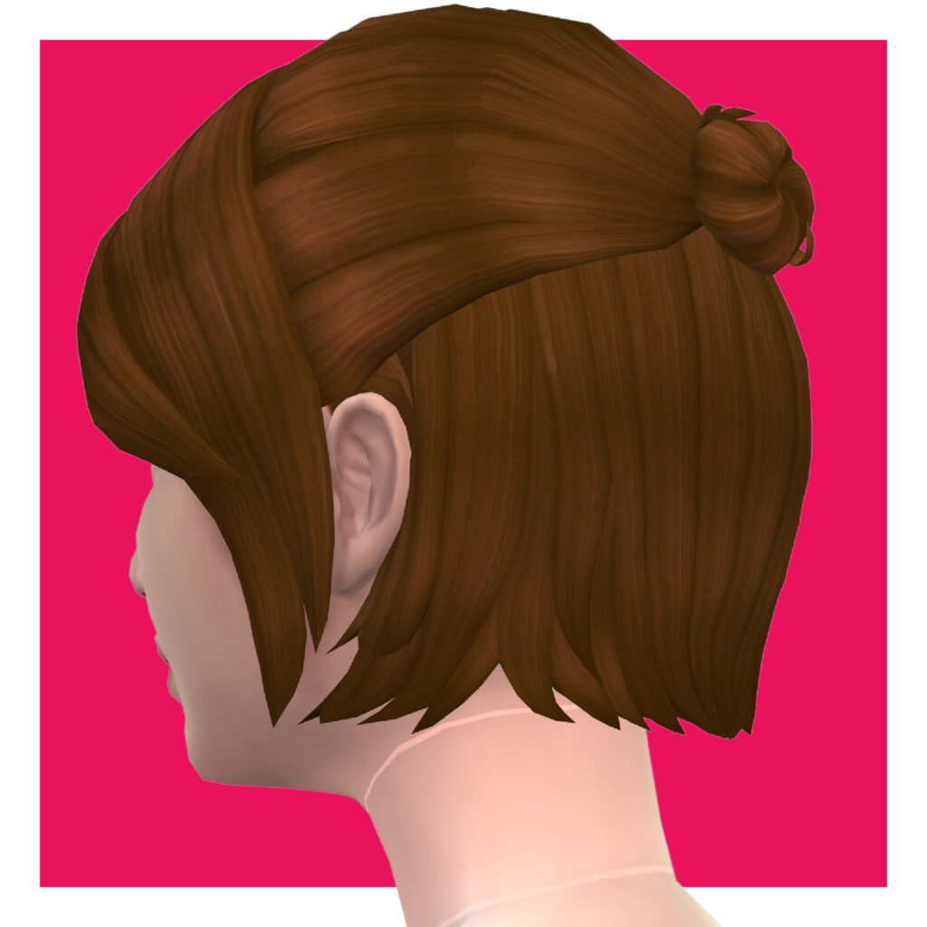 Un personnage féminin des Sims 4 sur un fond rose vif. Ce sim regarde vers la gauche où vous ne pouvez pas voir son visage. Ses cheveux sont d'environ un pouce plus long que ses oreilles et sont mi-attachés avec des franges encadrant le visage.