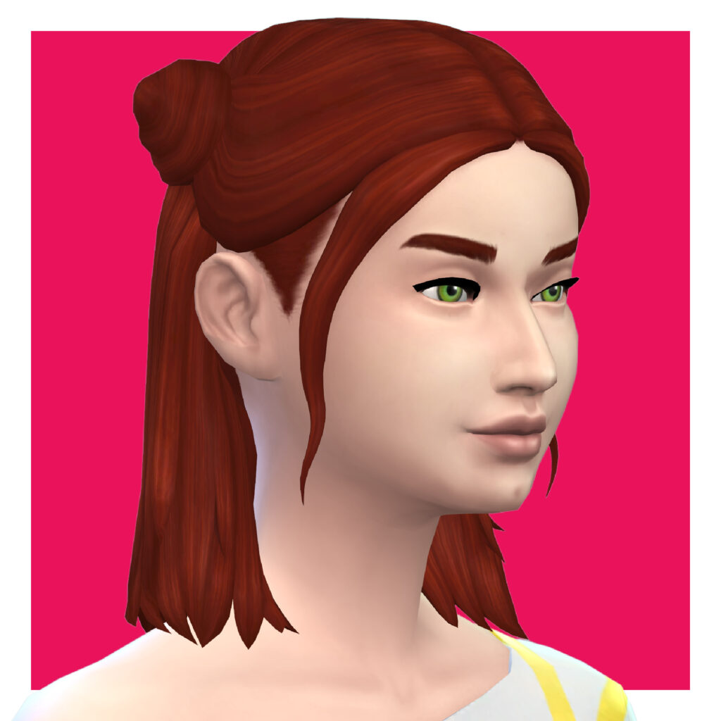 Un personnage féminin des Sims 4 sur un fond rose vif. Ce sim a des cheveux rouges vifs qui arrivent aux épaules et il y a des mèches de chaque côté de la tête qui sont en petites boules d'espace tandis que le reste est détaché.