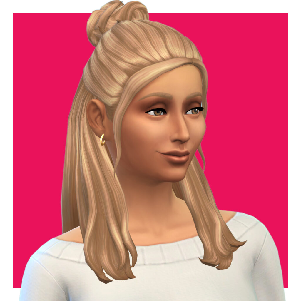 Un personnage féminin des Sims 4 sur un fond rose vif. Ce sim porte un haut blanc à col large et des boucles d'oreilles. Leur cheveux cc sont mi-relevés, avec une mèche unique encadrant le visage. La section relevée est attachée en un chignon.
