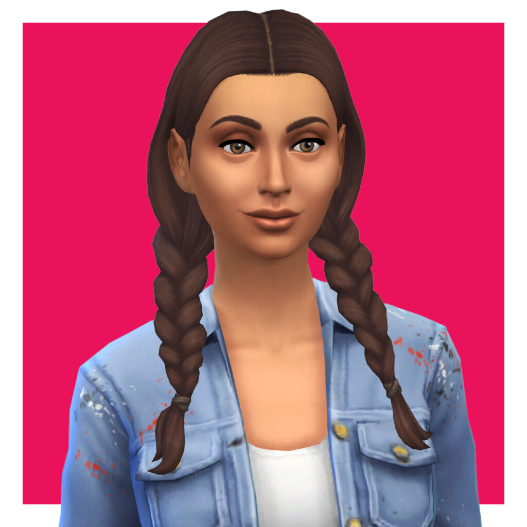 Un personnage féminin des Sims 4 sur un fond rose vif. Ce personnage a les cheveux en tresses qui tombent devant le corps et porte une veste en jean et un débardeur blanc.