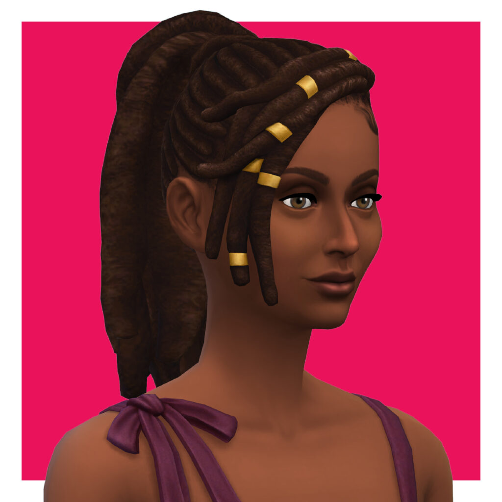 Un personnage féminin des Sims 4 sur un fond rose vif. Ce sim porte un débardeur violet dont une des bretelles est nouée. Ses locks texturées sont attachées en une queue de cheval sur le dessus de sa tête et les mèches de devant sont ornées de bijoux dorés.