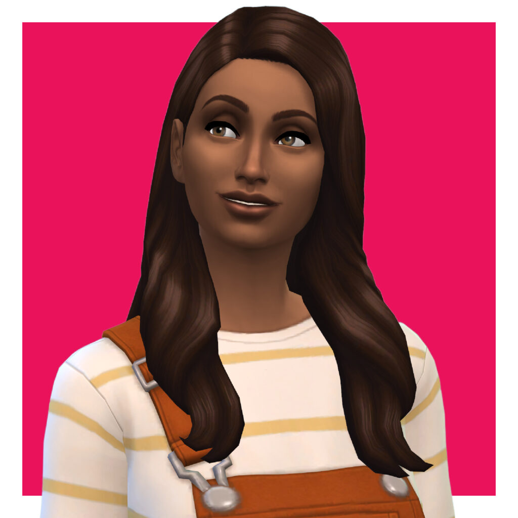 Un personnage féminin de Les Sims 4 sur un fond rose vif. Ce sim porte un chemisier à rayures blanches et jaunes sous une salopette. Elle a ses cheveux bruns détachés avec une raie sur le côté et une mèche derrière l'oreille.