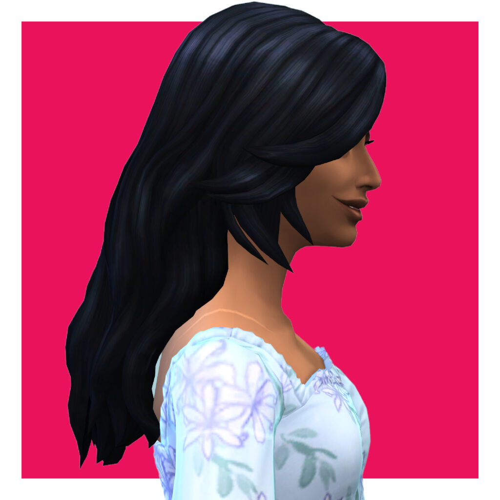 Un personnage féminin des Sims 4 sur un fond rose vif. Cette sim regarde vers la droite et porte une robe florale bleue. Elle a les cheveux noirs derrière son dos.