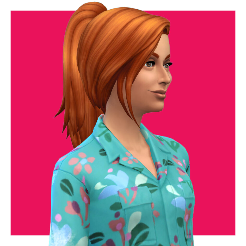 Un personnage féminin des Sims 4 sur un fond rose vif. Ce sim porte une combinaison bleu sarcelle recouverte de fleurs, avec ses cheveux rouges attachés en queue de cheval avec de nombreuses franges.