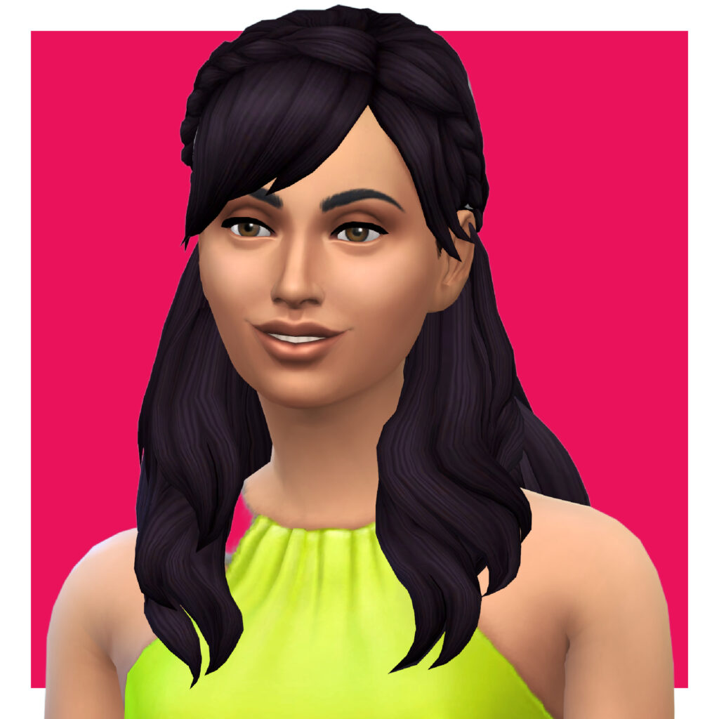 Un personnage féminin des Sims 4 sur un fond rose vif. Ce personnage porte un haut vert néon vif et des cheveux noirs. Ils ont les cheveux bouclés avec la moitié relevée et leur frange séparée au centre.