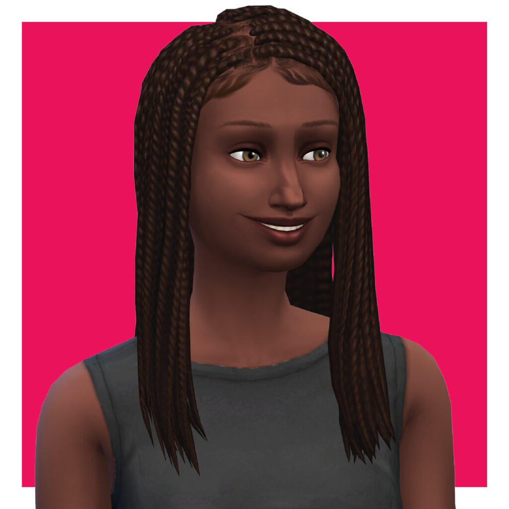 Un personnage féminin des Sims 4 sur un fond rose vif. Ce sim porte un débardeur gris foncé à larges bretelles. Ils ont une coiffure avec une texture naturelle tressée.