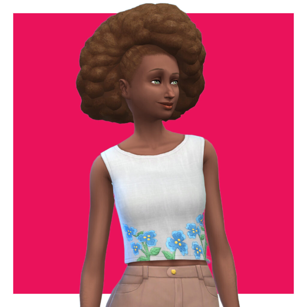 Un Sim portant un pantalon kaki avec un débardeur blanc. Ce débardeur a des manches latérales et des fleurs brodées en bas. Leurs cheveux sont dans une afro volumineuse.