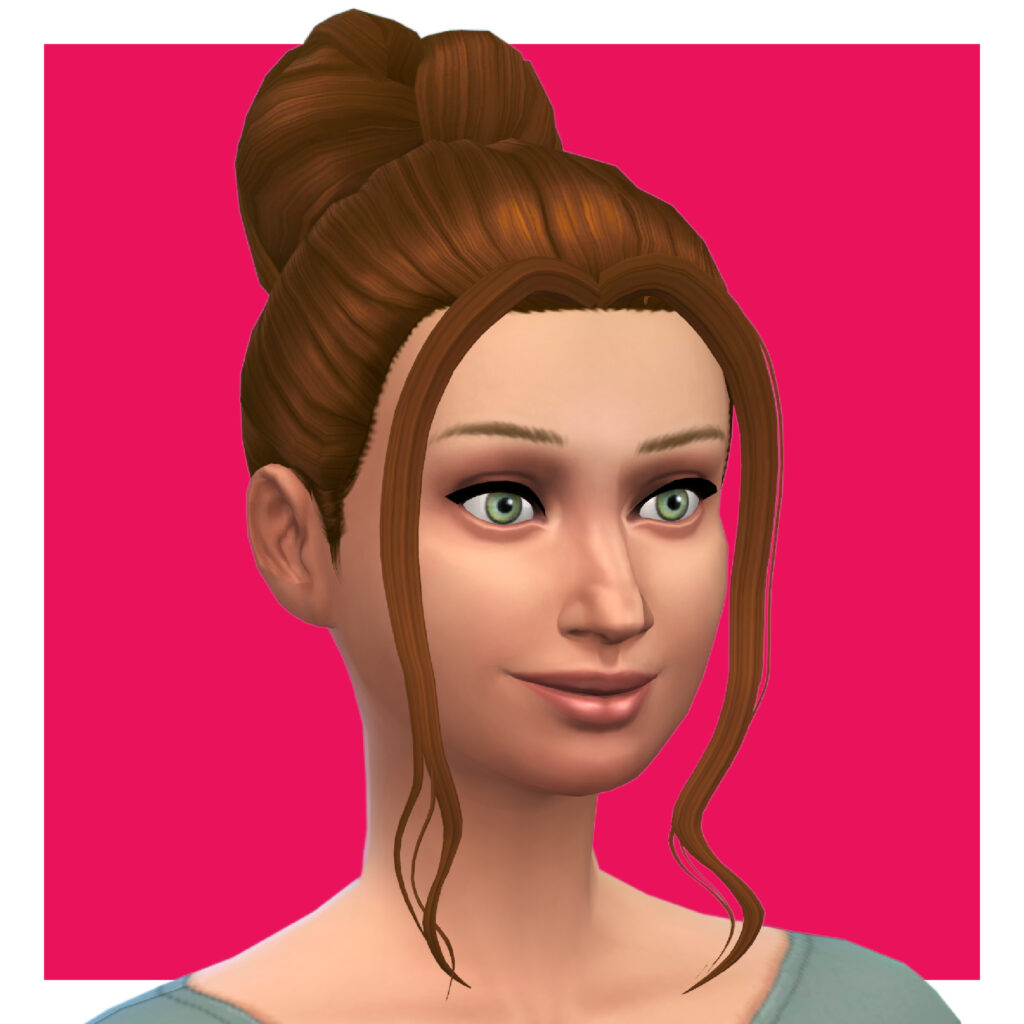 Un sim avec des cheveux rouges en chignon haut sur la tête. Il a des mèches encadrant le visage qui descendent jusqu'au menton.