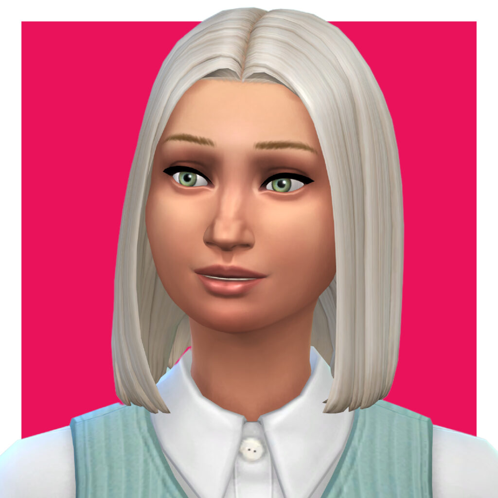 Un Sim avec des cheveux blonds platine portant une robe texturée par-dessus une chemise blanche.