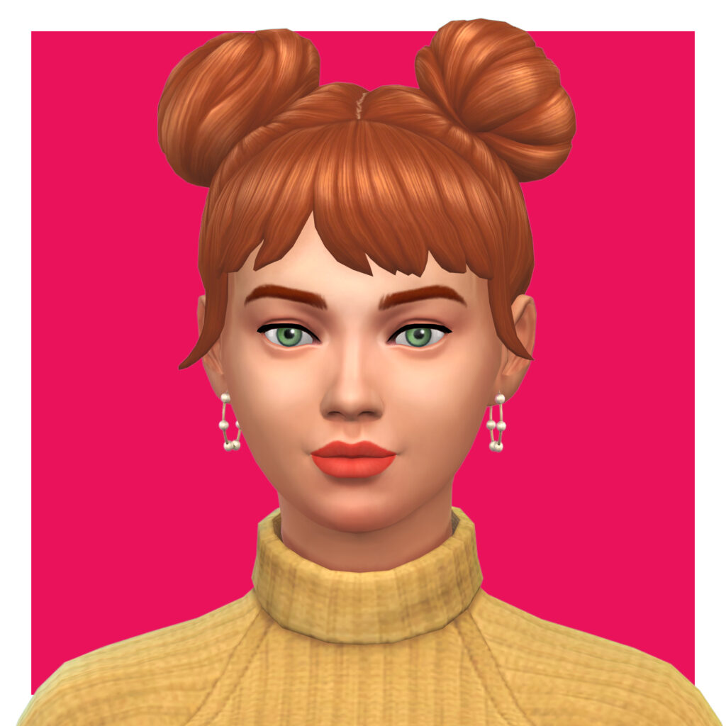 Un sim vous regarde droit dans les yeux, il a les cheveux rouges et les yeux verts. Il porte des boucles d'oreilles Sims 4 avec de petites perles qui entourent l'anneau.