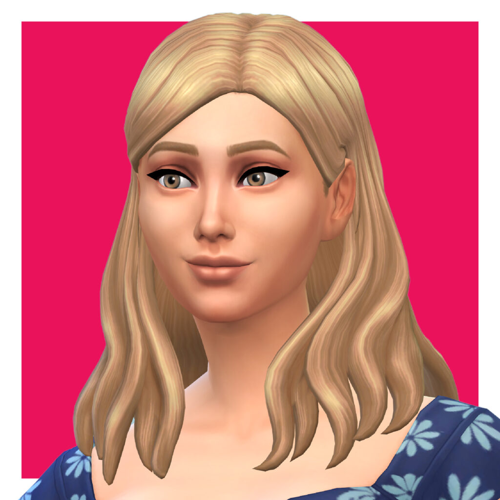 Un Sim blond portant un chemisier bleu foncé avec des fleurs bleu clair. Ses cheveux blonds sont séparés sur le côté et glissés derrière les oreilles.