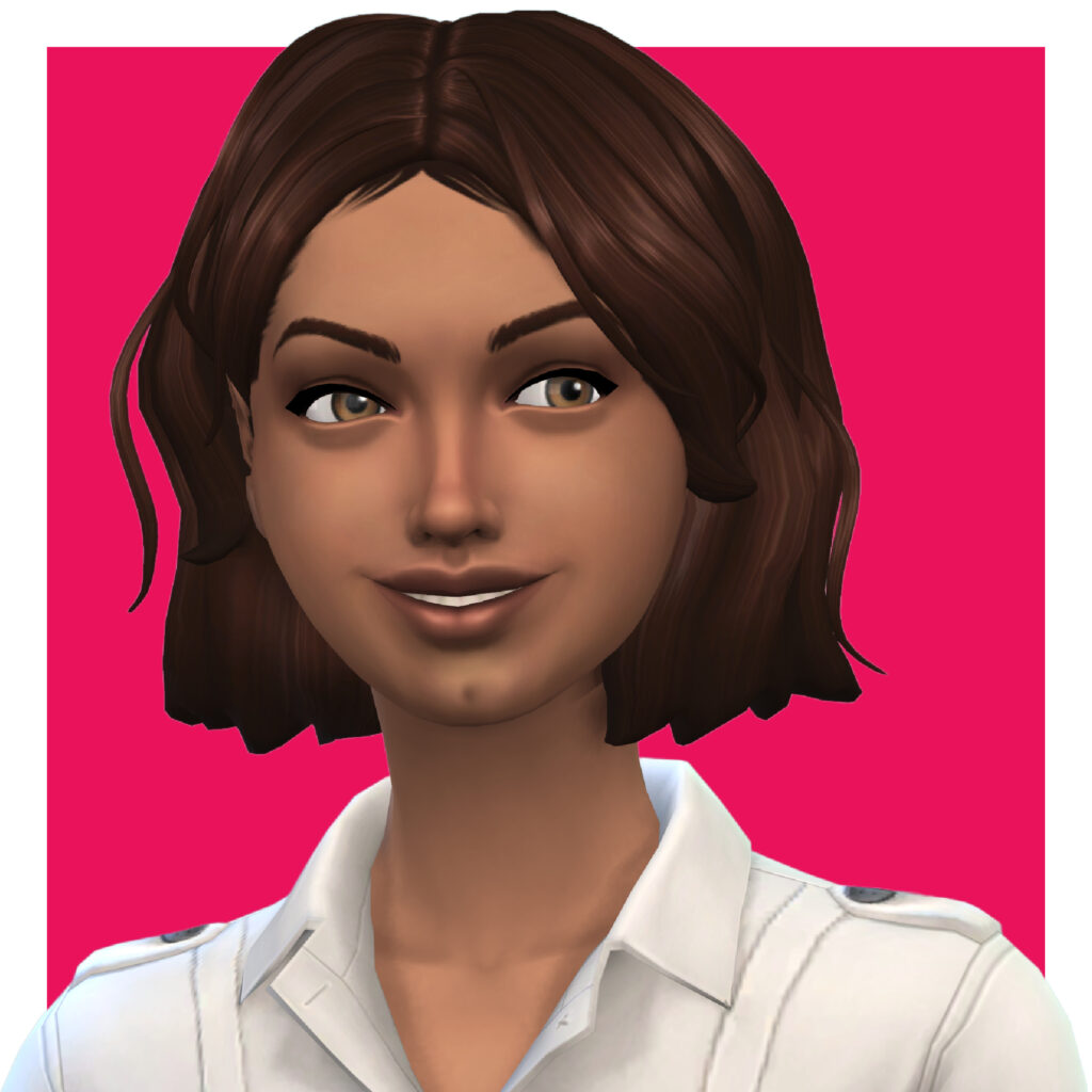 Un Sim portant une chemise blanche à boutons. Ils ont les cheveux coupés juste en dessous des oreilles.