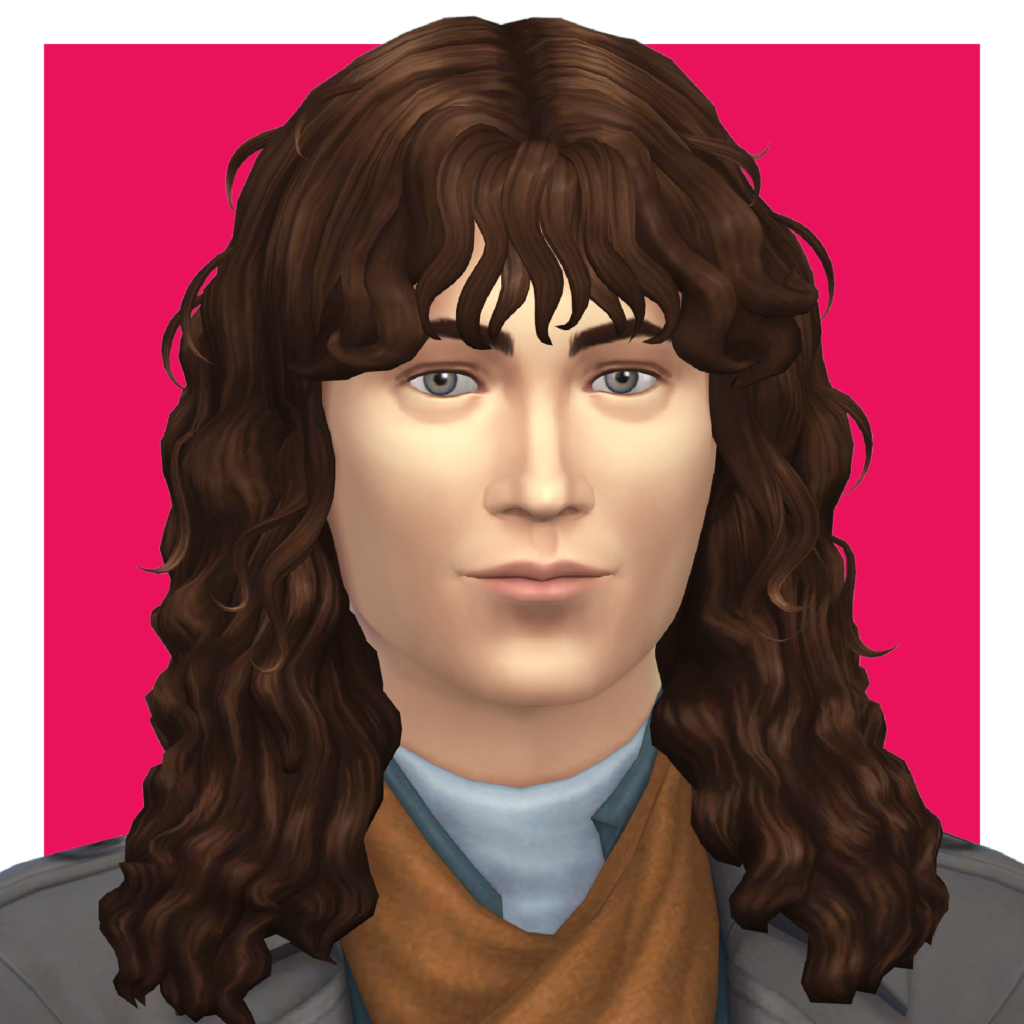 Un personnage sur un fond rose vif zoomé pour montrer sa coiffure. Ce sim porte une veste et un pull et a les cheveux longs avec des franges.
