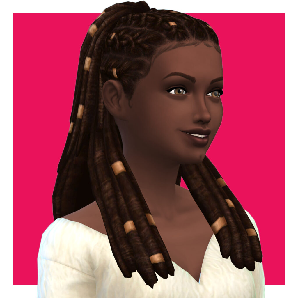 Un sim qui regarde vers la droite avec un angle. Ses cheveux sont en dreadlocks, mi-attachés, mi-détachés. Ils portent des bracelets en or sur les dreadlocks.