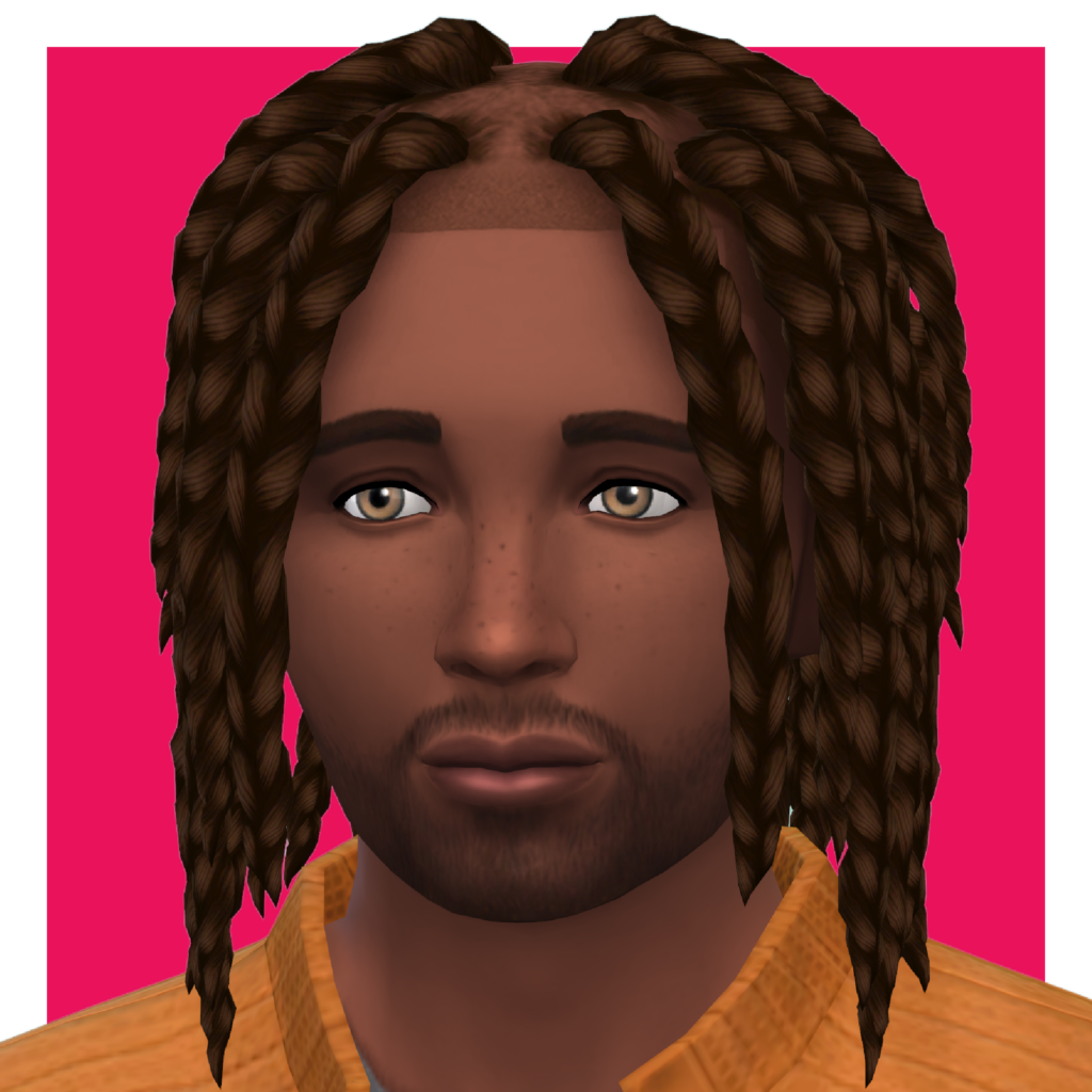Un personnage sur un fond rose vif zoomé pour montrer sa coiffure. Ce Sim porte une veste orange et a les cheveux texturés en tresses.