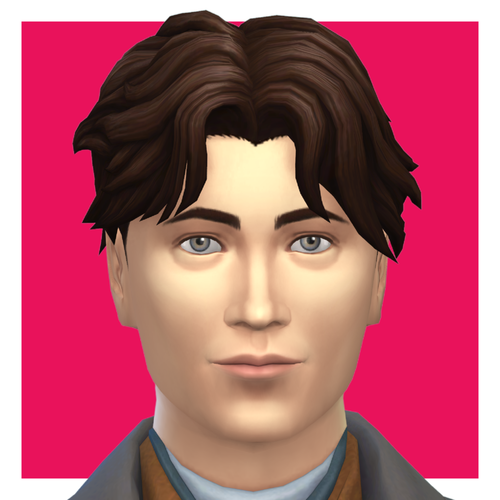 Un personnage sur un fond rose vif, zoomé pour montrer sa coiffure. Ce sim masculin porte une veste verte et a les cheveux séparés au centre et balayés de chaque côté.