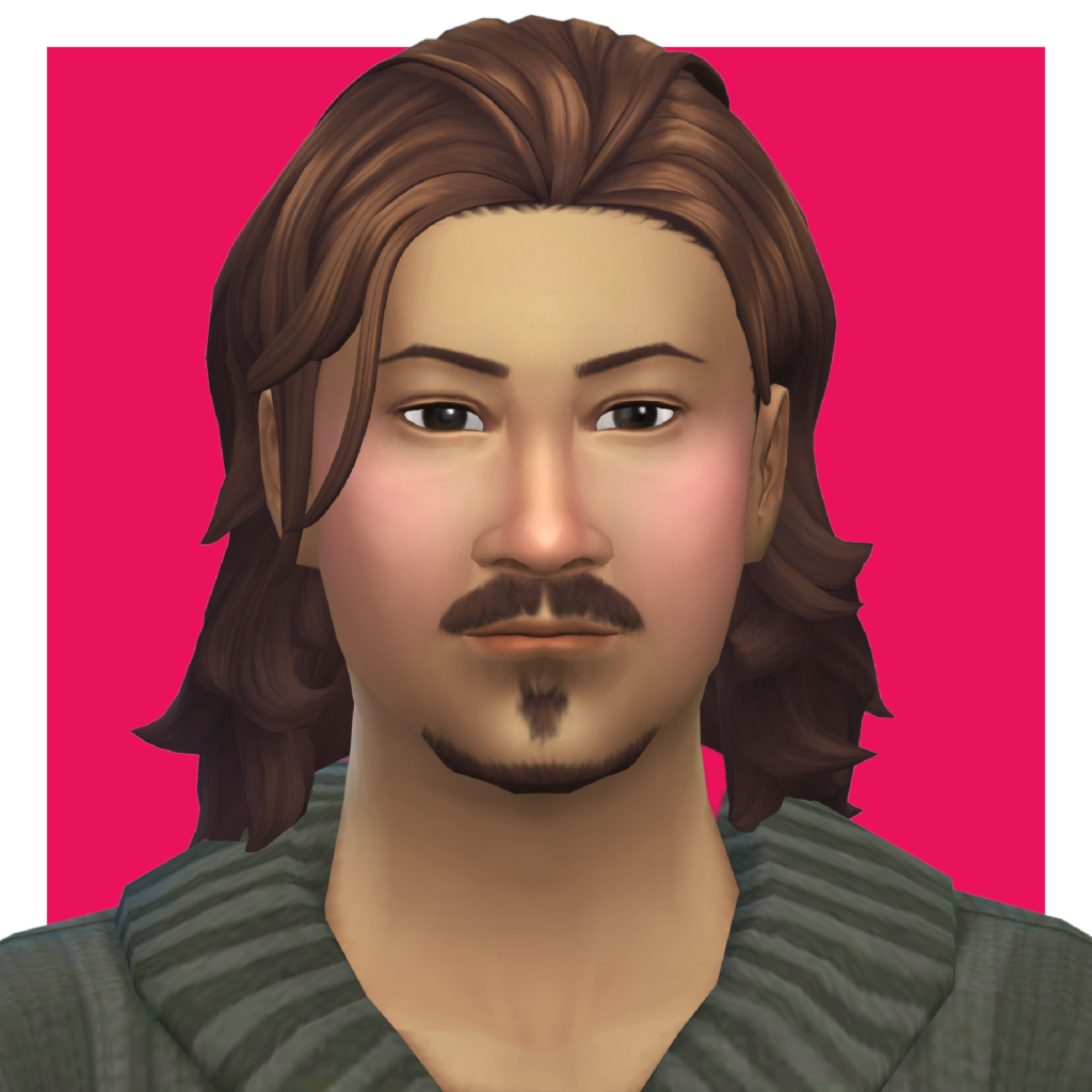 Un personnage sur un fond rose vif zoomé pour montrer sa coiffure. Ce sim masculin porte un pull vert et a les cheveux mi-longs repoussés derrière les oreilles.