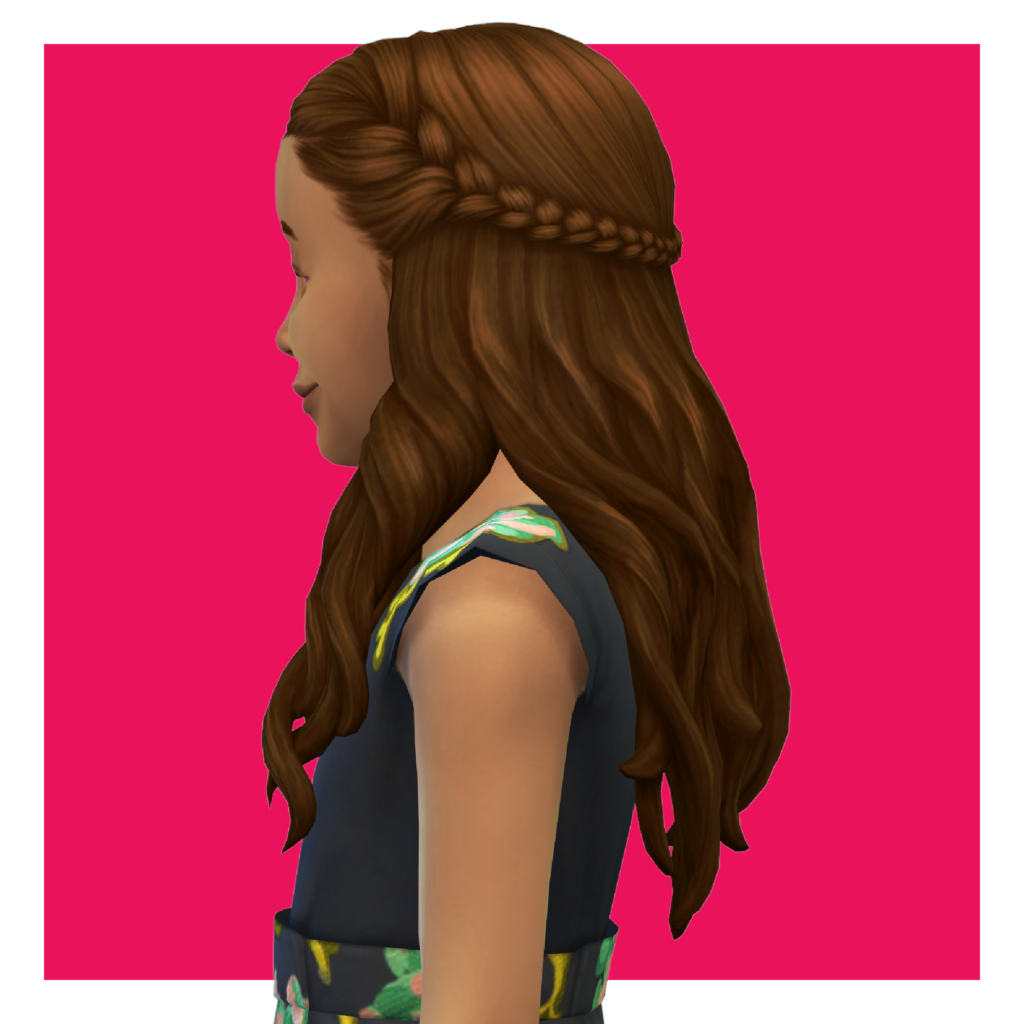 Un personnage sur un fond rose vif zoomé pour montrer sa coiffure. Ce sim regarde vers la gauche et a une tresse qui va de l'avant de la raie jusqu'à l'arrière de la tête.