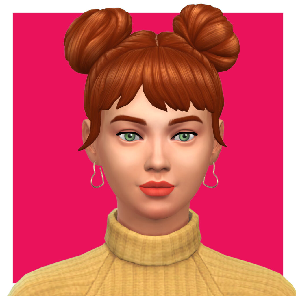 Un sim aux cheveux roux et aux yeux verts portant des boucles d'oreilles en forme de cœur.