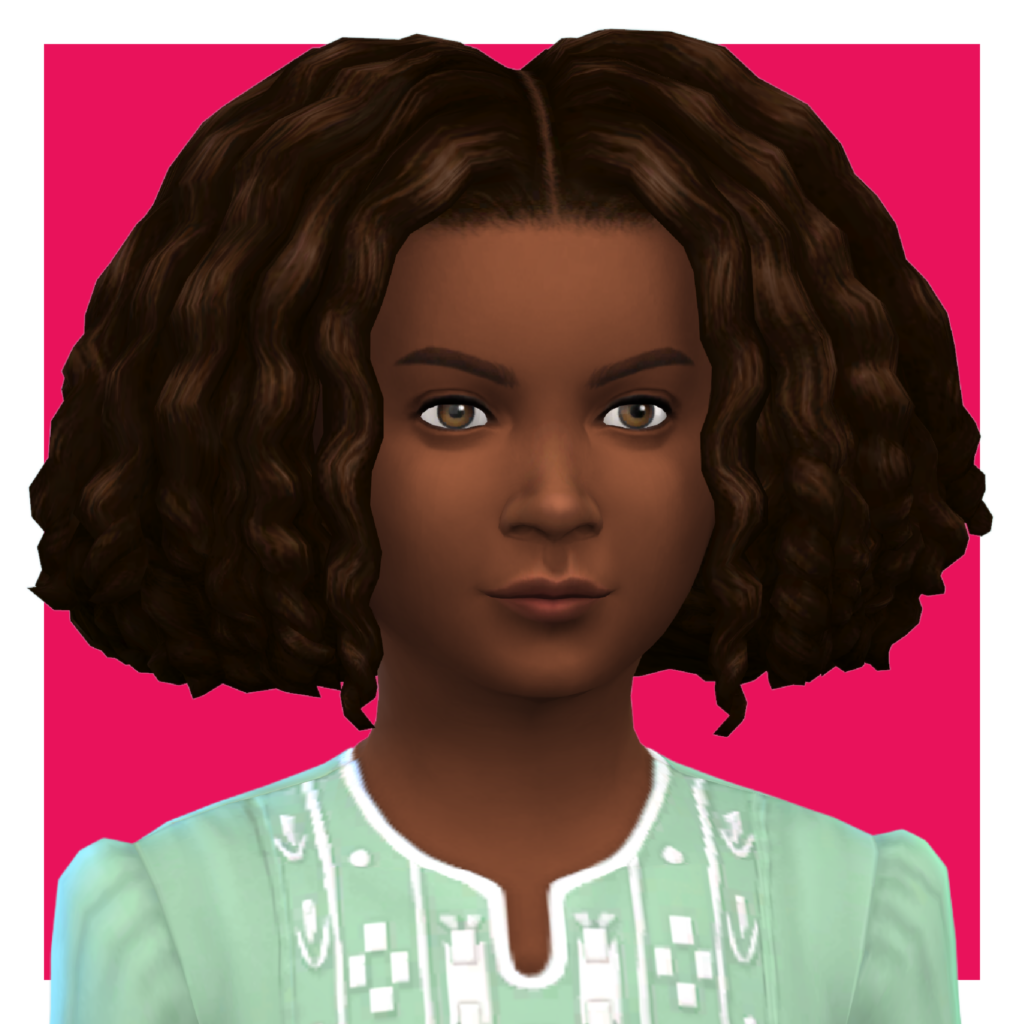 Un personnage sur un fond rose vif zoomé pour montrer sa coiffure. Ce sim porte un t-shirt vert et a des cheveux bouclés de longueur sous l'oreille et séparés au milieu.
