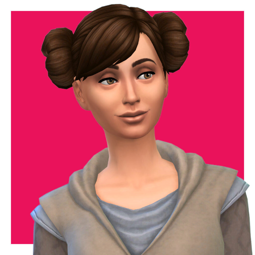 Un sim portant des vêtements de Star Wars avec des macarons de la Princesse Leia dans les cheveux.