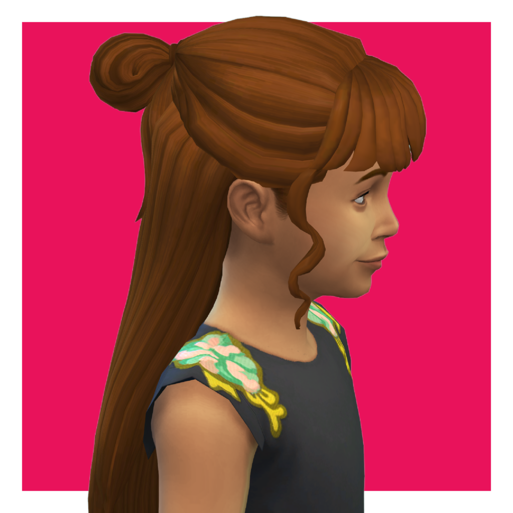 Un personnage sur un fond rose vif, zoomé pour montrer sa coiffure. Ce Sim regarde vers la droite et porte une robe noire. Ses cheveux sont mi-attachés avec la frange dégagée et des mèches encadrant le visage.