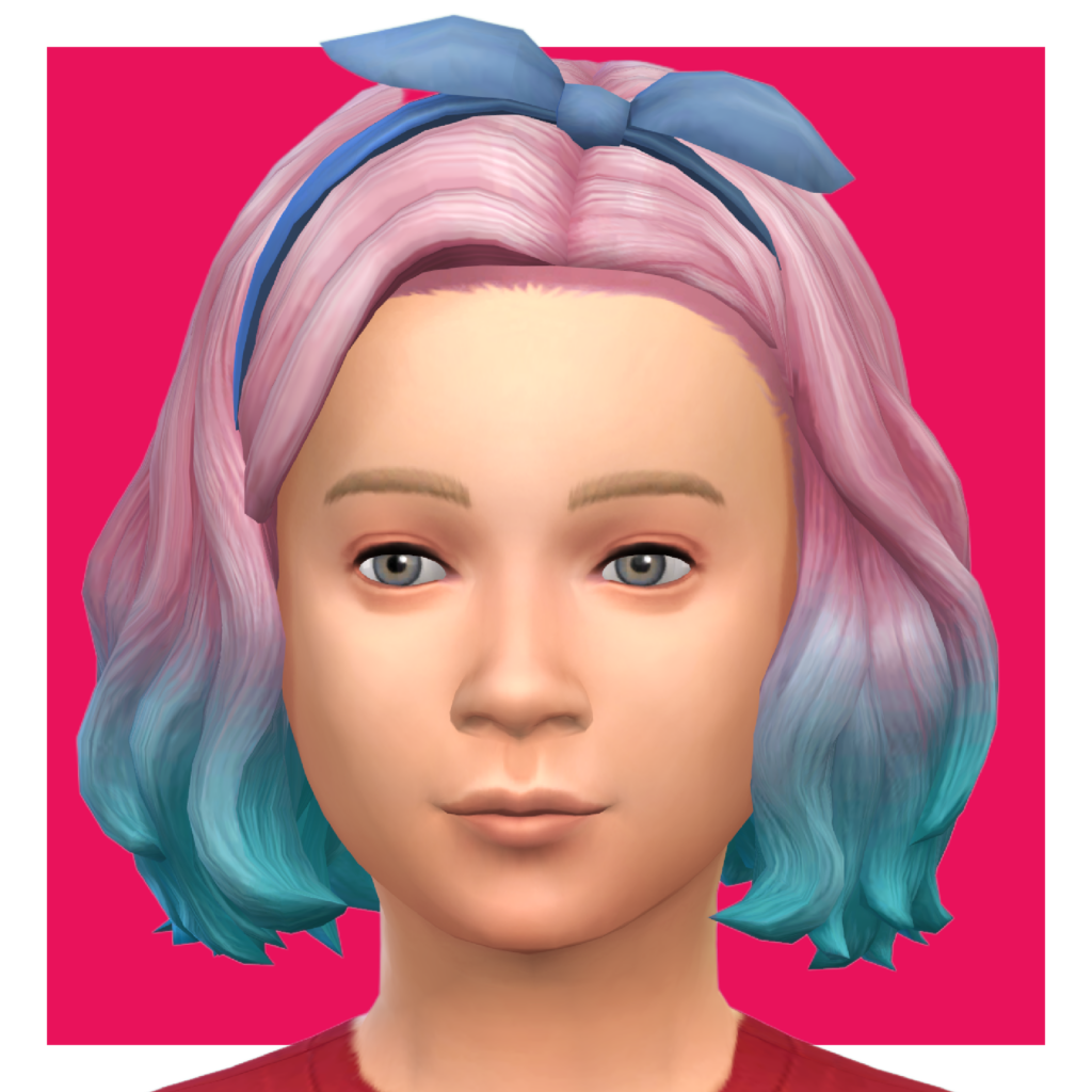 Un personnage sur un fond rose vif agrandi pour montrer sa coiffure. Ce personnage a des cheveux qui arrivent entre l'oreille et l'épaule en longueur. Ils sont ombrés du rose au bleu avec un nœud bleu à l'intérieur.