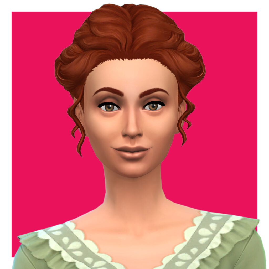 Un sim avec des cheveux roux relevés. Il porte une robe verte au style ancien avec de la dentelle.