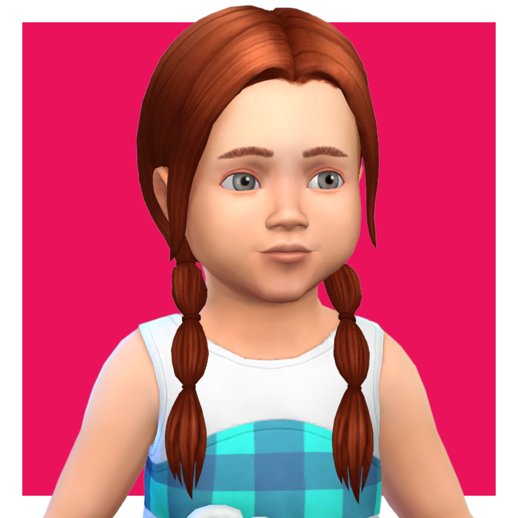 Un personnage des Sims 4 sur un fond rose vif. Ce personnage a les cheveux séparés au centre avec des mèches longues en petites sections descendant en couettes.
