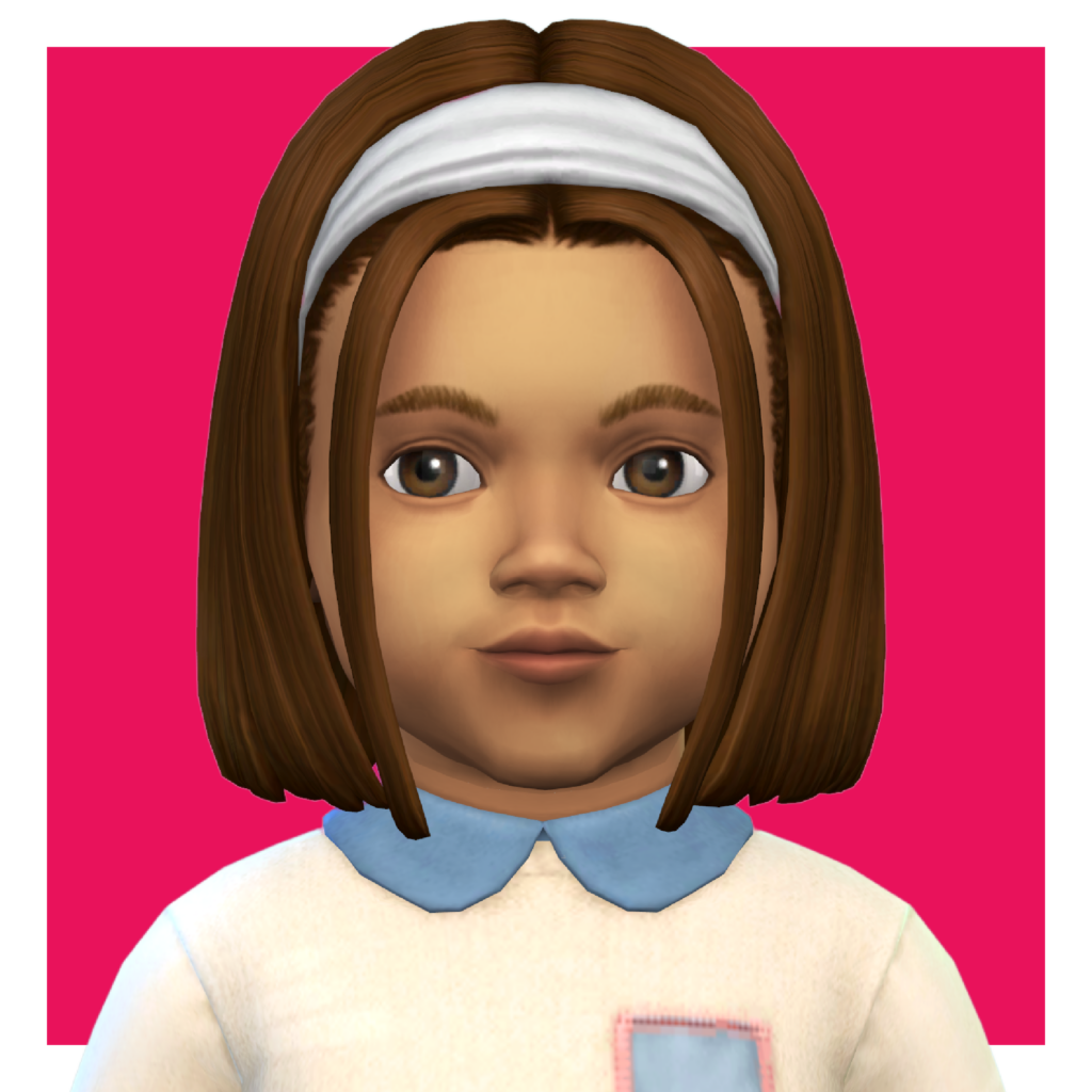 Un personnage des Sims 4 sur un fond rose vif. Ils ont une coiffure en bob avec un bandeau blanc et deux mèches de cheveux qui encadrent le visage.