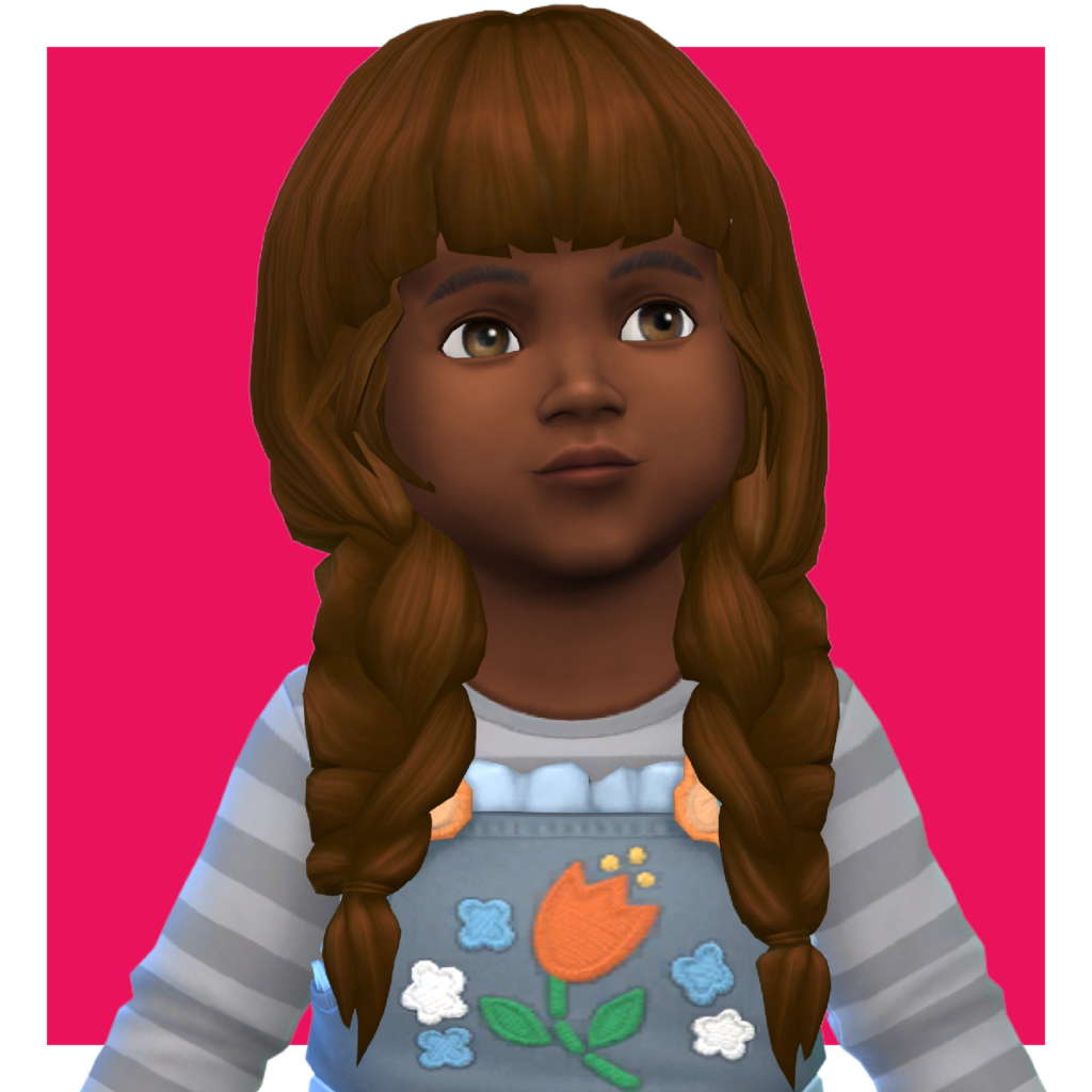 Un personnage de The Sims 4 sur un fond rose vif. Ce sim porte un chemisier à rayures avec une salopette florale par-dessus. Ils ont une frange droite et des tresses latérales.