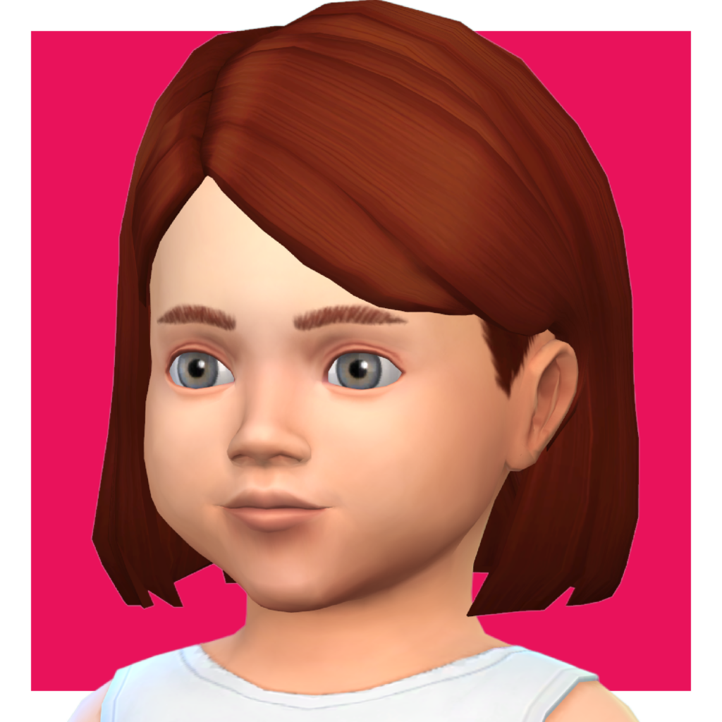 Un personnage des Sims 4 sur un fond rose vif. Ce sim en bas âge a les cheveux en carré avec une mèche derrière l'oreille.