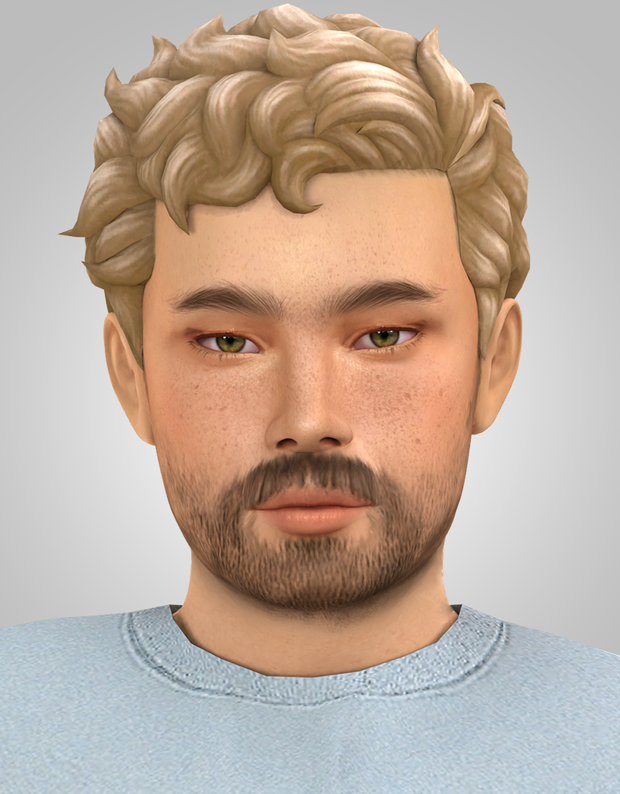 Un Sim aux cheveux blonds bouclés et à un pull gris.