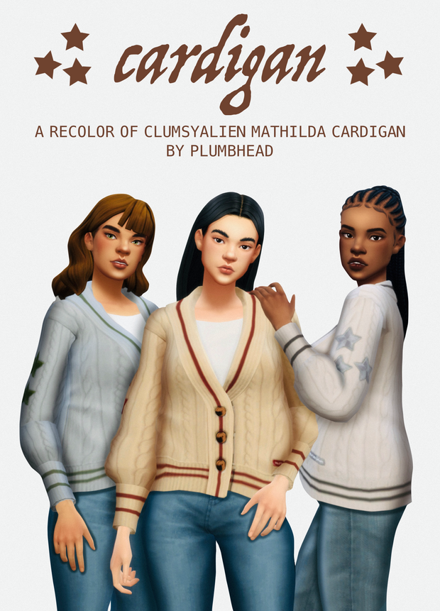 Trois sims différents portant des cardigans de différentes époques de Taylor Swift. 